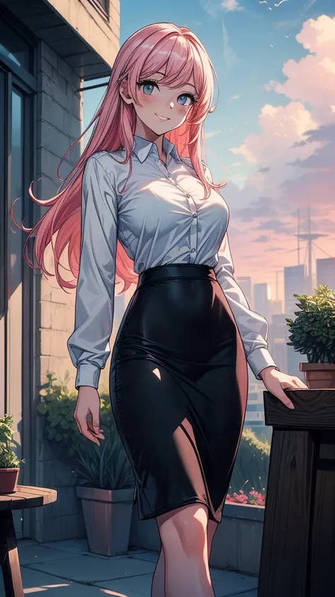 ((((masterpiece, best quality:1.8, high detail)))), beautiful business woman (walking), bright eyes, smile, looking at viewer, solo focus, long hair, (pink hair), ((white collar shirt long sleeves)), black midi pencil skirt, (((long black skirt))), slim bo...