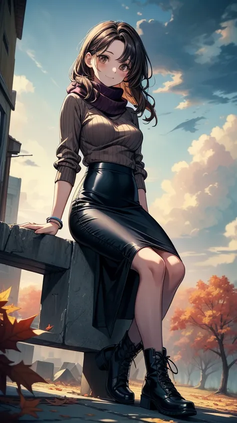 ((((masterpiece, best quality:1.8, high detail)))), beautiful ((woman sitting)) on stone, bright brown eyes, smile, solo focus, (((medium breasts))), long wavy hair, ((dark hair)), ((brown sweater)), (scarf), ((black midi pencil ((skirt)))), ((long skirt))...