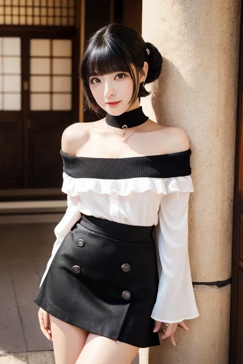 1, female, traditional Japanese fashion, black hair, medium bob, red inner color, blunt bangs, F cup, large breasts, 158cm, slim, pale skin, cute, large eyes, double eyelids, 3 sizes: B92, W58, H87, off-shoulder, hot pants　Black choker, platform boots, swe...