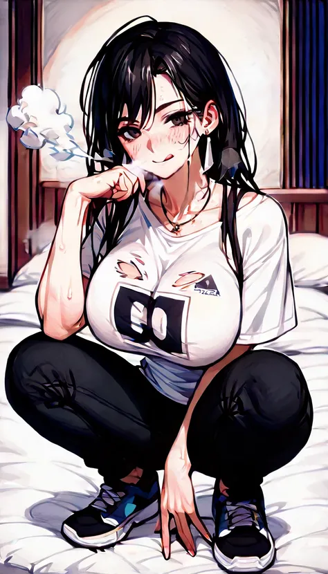 Black Hair、One-off shoulder、Super large size T-shirt、Super Hot Pants、 Super huge breasts, High resolution, Masterpiece Anatomically Correct, Best Quality, high detail, damage, High resolutionモデル, retina, Very detailed, Textured skin, 超High resolution, 航空ph...