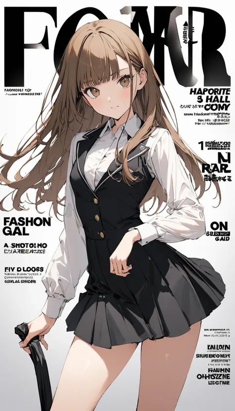 (cover of a fashion magazine),(favorite posing),(1 highschool gal,uniform,slim,small breasts,long brown straight hair,side bangs...