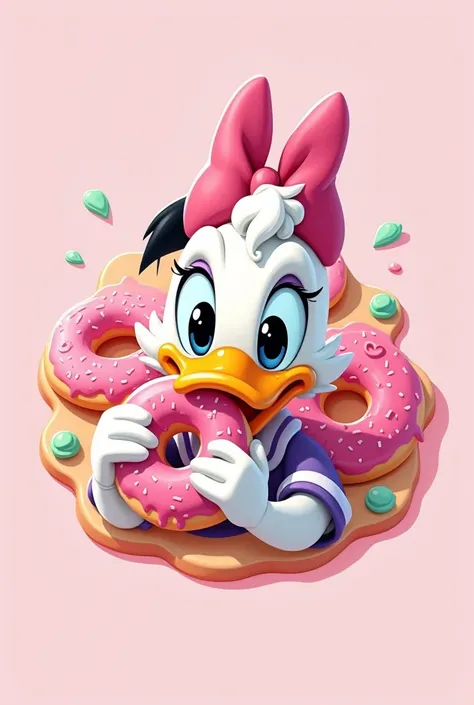 Create a logo with female donald duck biting a donut pink donuts with baby green with cakedonuts logo name