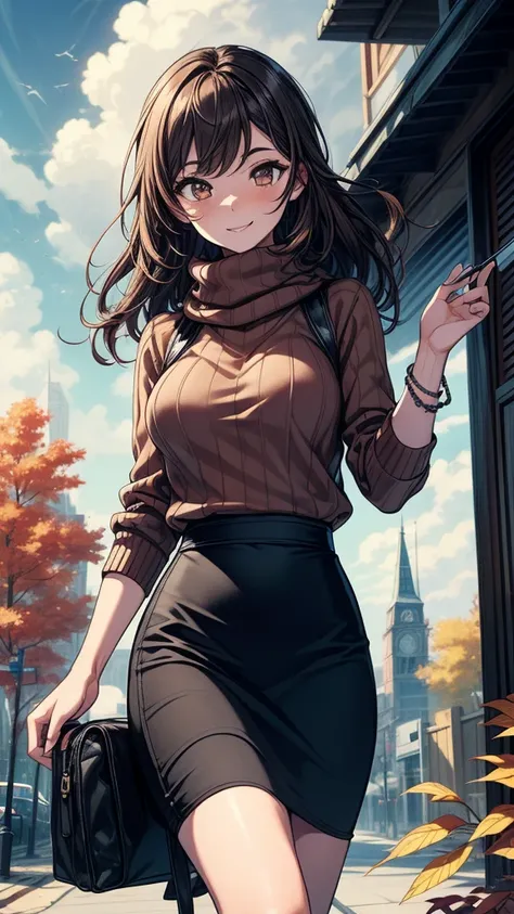 ((((masterpiece, best quality:1.8, high detail)))), beautiful woman, bright brown eyes, smile, solo focus, (((medium breasts))), long wavy hair, ((dark hair)), ((brown sweater)), (scarf), ((black midi pencil ((skirt)))), ((long skirt)), boots, slim body, s...