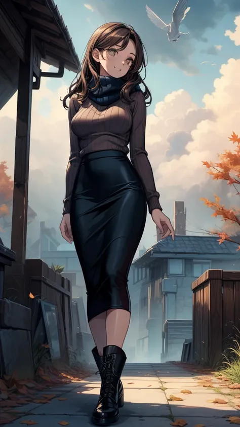 ((((masterpiece, best quality:1.8, high detail)))), beautiful woman, bright brown eyes, smile, solo focus, (((medium breasts))), long wavy hair, ((dark hair)), ((brown sweater)), (scarf), ((black midi pencil ((skirt)))), ((long skirt)), boots, slim body, s...