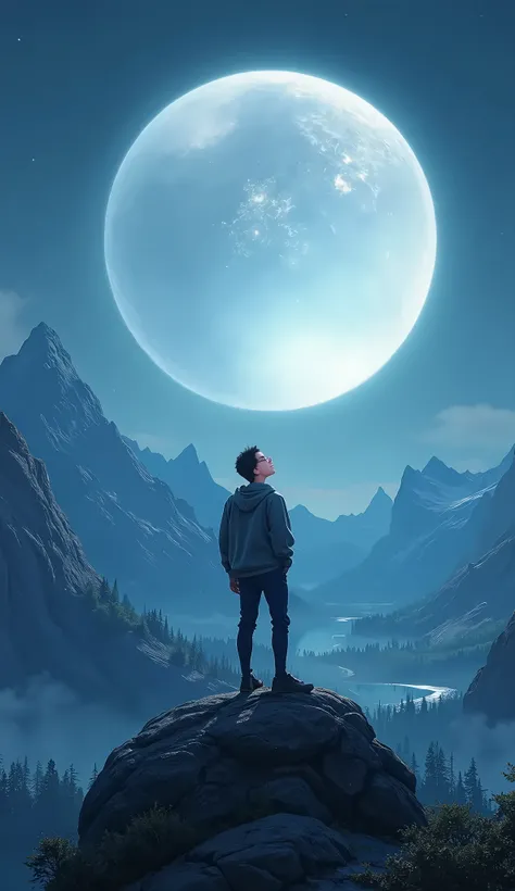 A man stand with his face looking at the big full moon on the mountain. His hand on the pocket, Disney Pixar caracter, ultra hd, detail background 