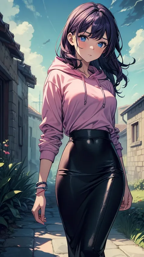 ((((masterpiece, best quality:1.8, high detail)))), beautiful serious woman, confident, bright blue eyes, solo focus, long wavy hair, ((dark purple hair)), ((pink hoodie)), (black midi pencil ((skirt))), (((long skirt))), slim body, bracelet, sidewalk, gar...