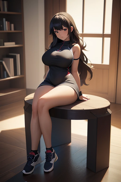 4k, masterpiece, high resolution, 3D art style, 1girl, mature, long black hair, slender hips, thick thighs, huge breast, huge round ass, sitting at bedroom ,tight dress , SoloHigh Details, Super Detailed, Textured Skin, Super Detailed, High Quality, sports...