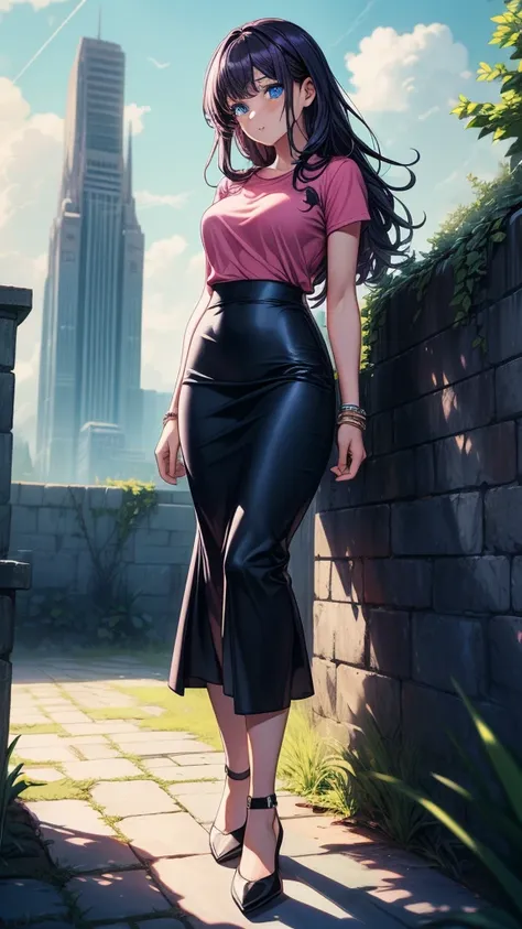 ((((masterpiece, best quality:1.8, high detail)))), beautiful serious woman, confident, bright blue eyes, solo focus, long wavy hair, ((dark purple hair)), ((pink t-shirt)), (black midi pencil ((skirt))), (((long skirt))), slim body, bracelet, sidewalk, ga...