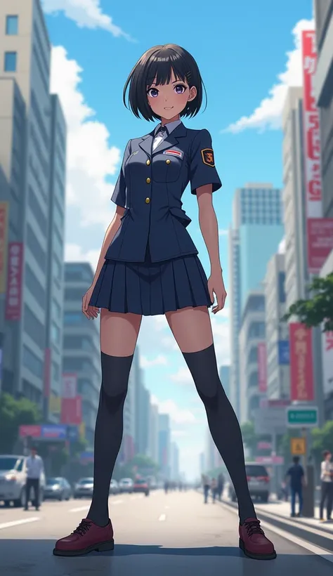 Woman in uniform、One woman、Japanese、20 years old、Twenty years old、Cute face、Big eyes、Oblique eye、Short black hair、The bangs are hanging down、Looking straight ahead、He is 185 cm tall.、Muscular、smile、Spread your legs、Realistically、Realistic texture、Best Qual...