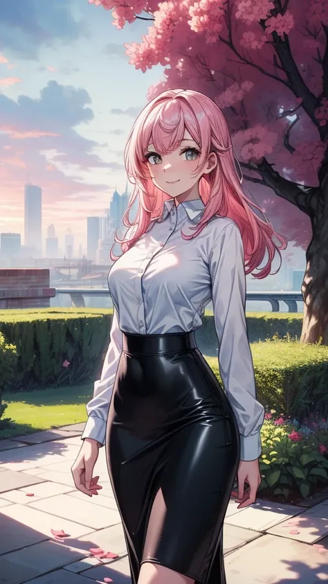 ((((masterpiece, best quality:1.8, high detail)))), beautiful business woman (walking), bright eyes, smile, looking at viewer, solo focus, long hair, (pink hair), ((white collar shirt long sleeves)), black midi pencil skirt, (((long black skirt))), slim bo...