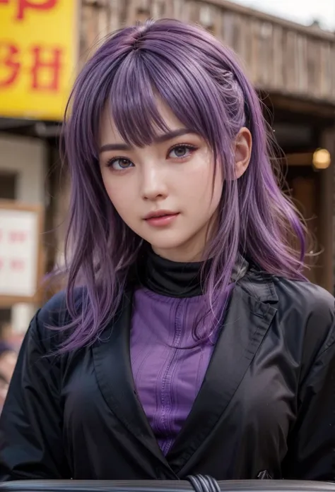 Ayane, purple hair, (best quality, ultra-detailed), (realistic:1.37), beautiful and detailed face, ultra-realistic texture, delicate face, delicate body, red lipstick, long-lasting colors. high definition, 8K. expression with a sexy look