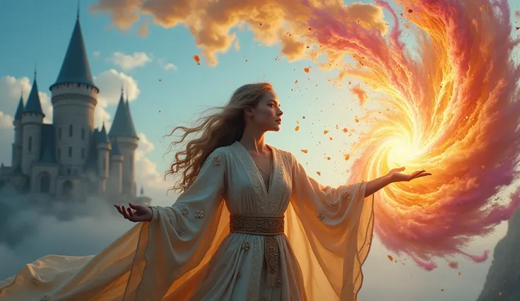 Beautiful young woman in fancy wizard robes controlling the magic of a rainbow light smoke tornado, debris flying, corner of a castle in the sky, strong depth of field, active pose,8K