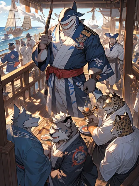 People gathering on the deck of a pirate ship々Group cartoons,(((All male)))((The captain is a large, muscular killer whale man.,Wearing gorgeous kimono,Has a smoking pipe)),color々with all kinds of crew,busy,Pirate ship deck during the day,Laughing happily,...