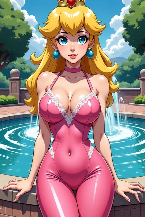 Comic style drawing of princess peach, belly button, bate shoulders and Waist , wearing a pink dress, an animated magical fountain in the background , ant view