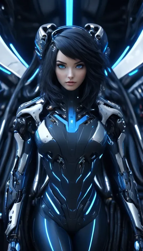 woman, Mechanical Blue Body ，Best Quality, masterpiece 8k,Futuristic spaceship interior，サイバーブルースーツを着たwoman，Black Hair，blue eyes，Shortcuts, Best Quality, High resolution, , blue eyes, 