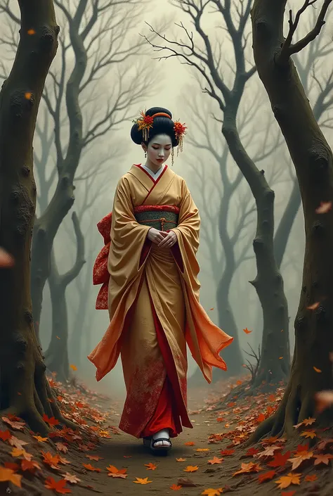 photorealistic painting, High detail, High resolution, masterpiece,  geisha beautiful face, walks through a forest of dry trees, lifeless tree trunks, there is a carpet of autumn leaves on the ground