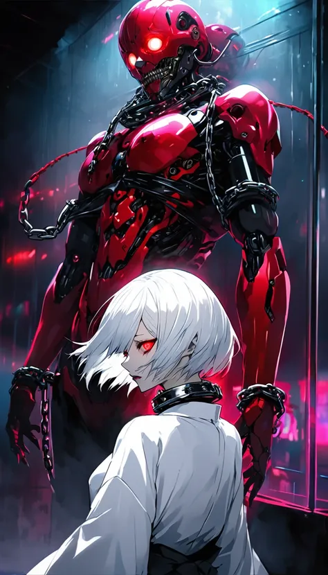 to-ka( tokyo ghoul ), ishida sui, water color, amazing, detailed glowing red eyes, red clothes, half cyborg body, studio lighting, cyberpunk, young girl, white hair, red eyes, cyborg mask, killer machine, foggy atsmophere, Toyko Ghoul, BREAK Highest Qualit...