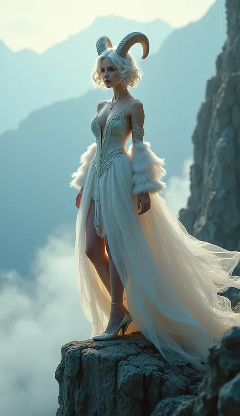 4K photography style quality, digital photography mode, goat-themed female character, short curly white hair with ram-like horns, glowing soft blue eyes, wearing a flowing white and silver gown with fluffy fur accents, standing on a rocky mountain peak wit...