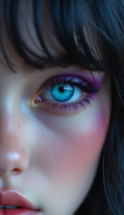 photorealistic Realism, Hyper-quality, 16K, UHD:1.3, (Ultra high-res, Realistic eyes, sharp-focus, ultra clear sharp, absurd quality, not blurry), (eyes|aqua blue), (lashes|black), (perfect eyeshadows|purple)
