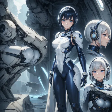 (masterpiece、Best Quality、Highest Resolution、Clear_image、Detailed details): (Whole body、A 20 year old girl、Japanese Faces、Small Face、Slender、Navy blue super short bob cut hair、(Hidden small breasts:1.3)、Sparkling blue eyes、Shiny pilot suit in white, blue a...