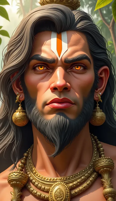 Hanumanji standing in a dense jungle, holding a large golden gada in one hand. His face should have a strong, defined jawline with a serious yet calm expression. The forehead has three vertical white stripes with an orange tilak in the center. His eyes are...