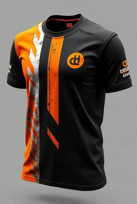 a sports or e-sports design t-shirt. She is predominantly black, com detalhes in orange e branco. Here are the main features:

Main colors: therefore, orange and white. The background is black with orange elements in the details such as the collar and slee...