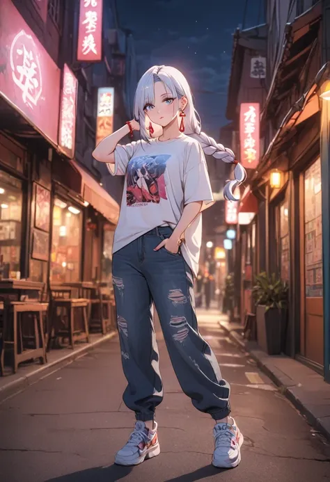 a stylish women wearing a graphic tee, baggy jeans, and trendy sneakers, full body shot, dynamic pose, urban street background, cinematic lighting, vibrant colors, high quality, detailed description,,8k, shenhe, blue eyes, braided ponytail, earrings, eyela...