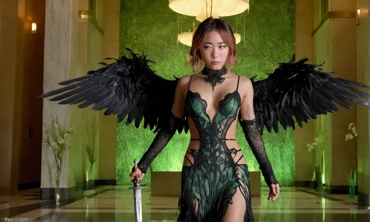 a dark angel (cute yuna, age 25, black fishnet gown, black eyes, black feathered wings, weeping blood, wielding a sword encased in green flames) she is weeping for the lives she is about to take, hotel lobby
