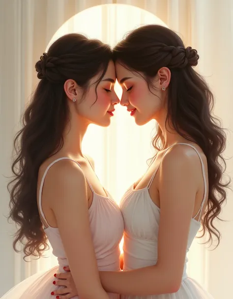 ((masterpiece:1.3)), (best quality), ((extremely detailed:1.1)), two beautiful girls, Young women looking at each other, (((put Each others foreheads together:1.1, smiling shyly:1.1))), ((stop 4)), conceptual art, girl romance, beautiful profile.