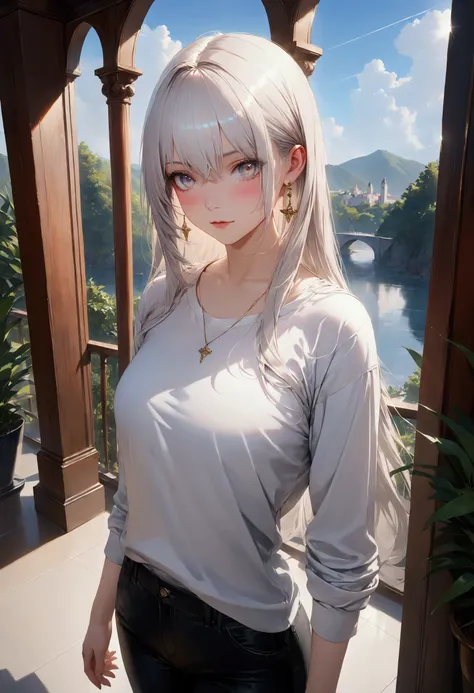 Long smooth straight white hair,white eyes,standing in casual clothes. masterpiece, super detail, best quality, 8k,realistic