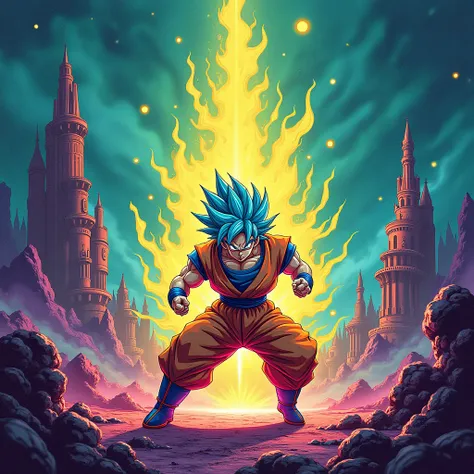 A captivating abstract painting inspired by ukiyo-e | depicting Goku in a battle with blue hair and a yellow aura, set on a battlefield adorned with intricate sculptures of beings from another world. The structure shines with a mixture of vibrant neon colo...