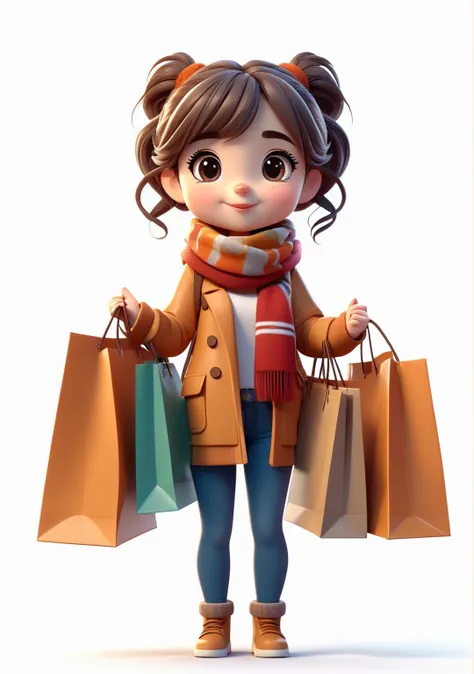 a cartoon girl holding shopping bags and a scarf, beautiful image, ad image, high quality character design, 2 d cg, cute cartoon...