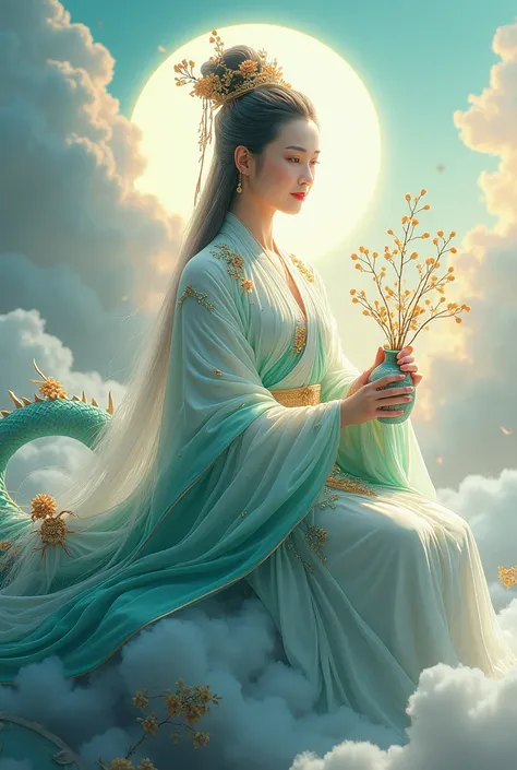 Masterpiece A beautiful china goddess ,Guan Yin ,perfect face, ,Highest image quality, Outstanding details, Best illustrations, Favor details, wear beauty white and green pink gold hunfu cloth,halo light around head, Delicate face,beauty face,her right han...