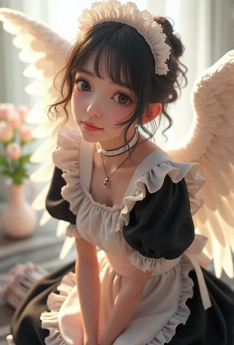 hyper realistic, photorealistic:1.37, ultra detail, cute girl angel wearing a maid costume. The character is an angel with pure white wings and wears a classic black and white maid outfit. The maid uniform is decorated with frills and ribbons, giving it an...