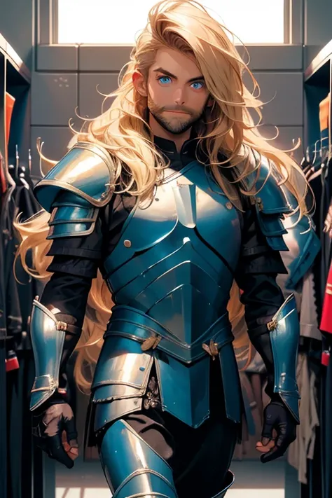 Perfect face. Perfect hands. A muscular blonde haired man with blue eyes and long hair and a dark beard in leather armor is smiling while walking into the stadium locker room