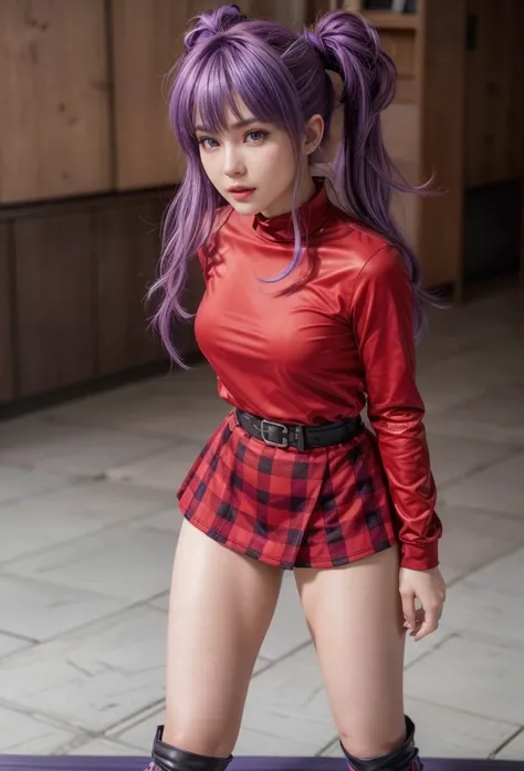 Ayane, purple hair, (best quality, ultra-detailed), (realistic:1.37), beautiful and detailed face, ultra-realistic texture, delicate face, delicate body, red lipstick, long-lasting colors. high definition, 8K. expression with a sexy look