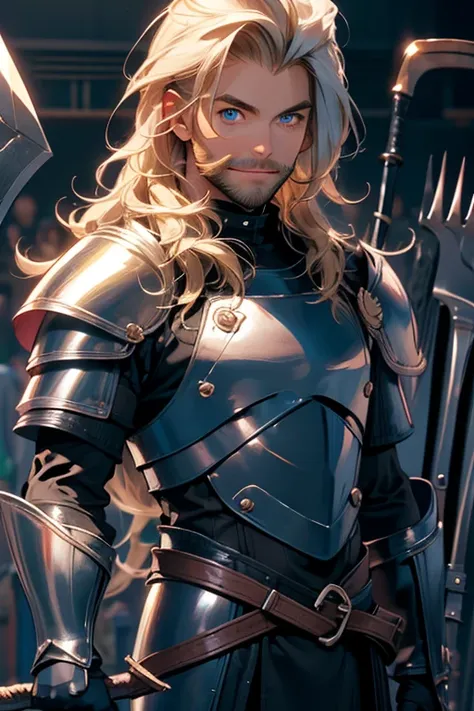 Perfect face. Perfect hands. A muscular blonde haired man with blue eyes and long hair and a dark beard in leather armor is smiling while sorting the scythes the stadium locker room