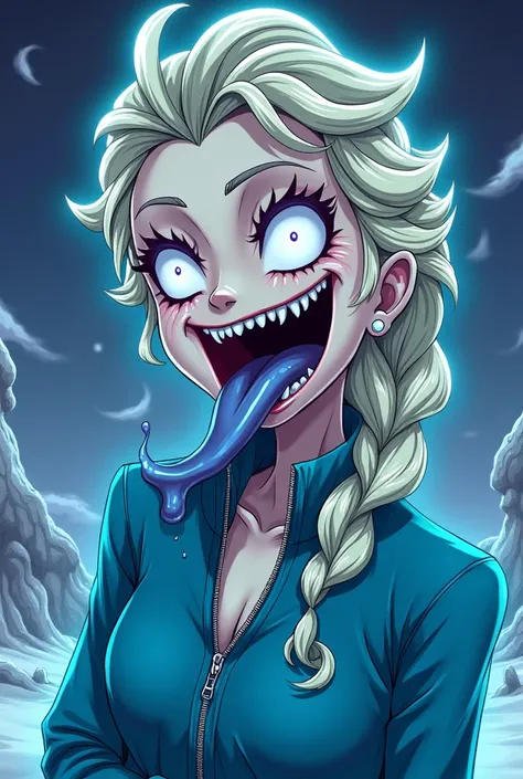 From Disney Princess Elsa Moster In Infinity Anime Style Naughty My Evil With Slime Tongue Lick Blue Jacket Zip 