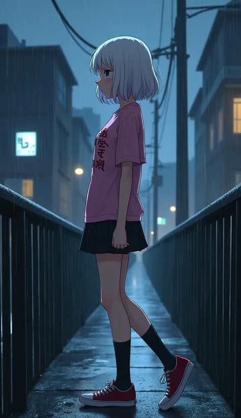 masterpiece, Best Quality, High resolution, Very detailed,(((Cute girl with white hair))), (((Japanese Anime))), (((Pink printed T-shirt))), (((mini skirt))), (((Black socks))), (((sneakers))), (((Crossing the bridge))), (((river))), (((It&#39;s raining he...