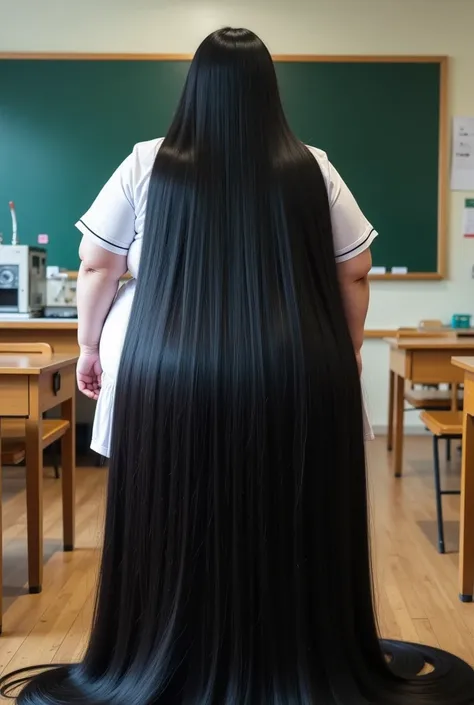 8k,Highest quality, masterpiece, Ultra-high resolution,(masterpiece:1.6, Highest quality), Intricate details, Middle-aged woman in her 50s,Japanese, alone, full body, from behind, ((Absurdly Long hair:1.5)),top of head,(jet Black Hair), (forehead:1.5), (Ex...