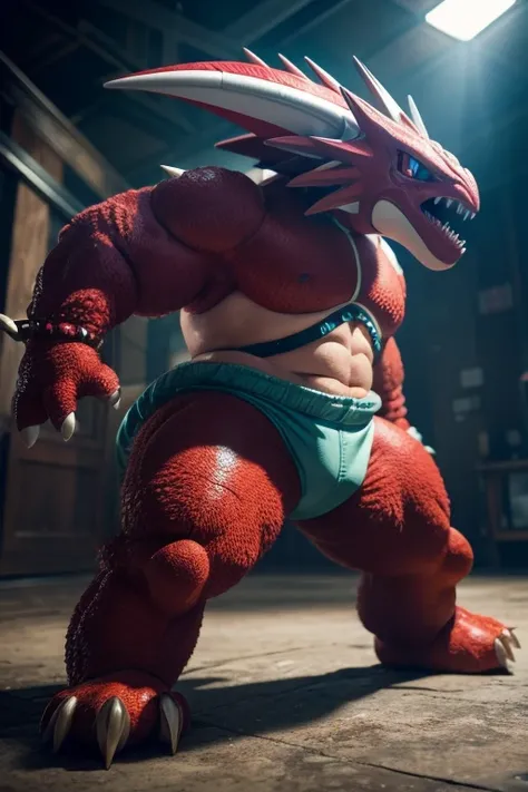 a Druddigon Pokémon creature wearing a thick diaper, highly detailed, intricate, photorealistic, 8k, masterpiece, sharp focus, physically-based rendering, hyper-realistic, extreme detail, professional, vivid colors