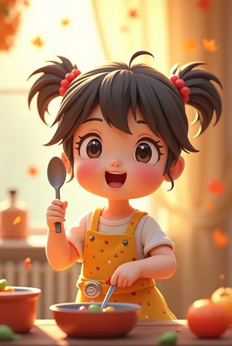 Cute kid, cute, ((doing cooking)), making video, a cartoon kid holding ((spoon and fork)), and a wearing dress, beautiful image, ad image, high quality character design, 2 d cg, cute cartoon character, 3d character, 3 d character, cute boy, cute character,...