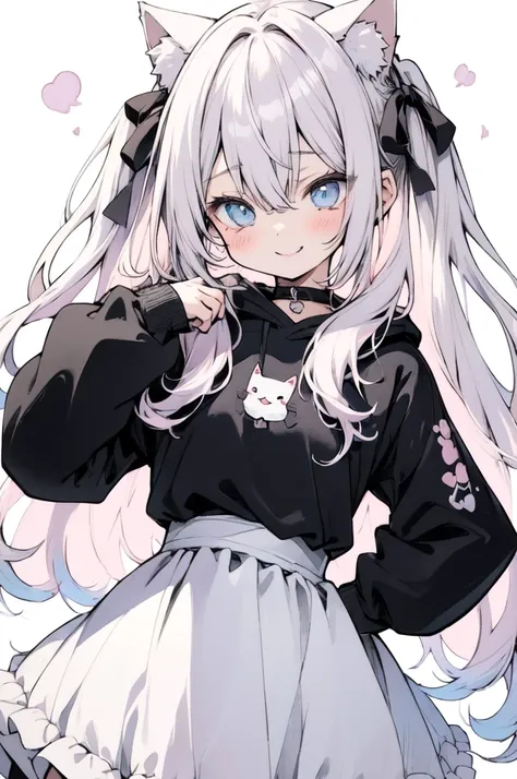 (Pastel colors:1.5)、(Cute illustration:1.5)、(Watercolor:1.2)、(One Girl:1.0)、hair between eye、White Background、With a girl、Esbian all over body、sheep, Cat ears girl, Black knit long sleeve garment,Frilled mini skirt, Fluffy, Light pinkと水色のモチーフ, Cute Anime G...