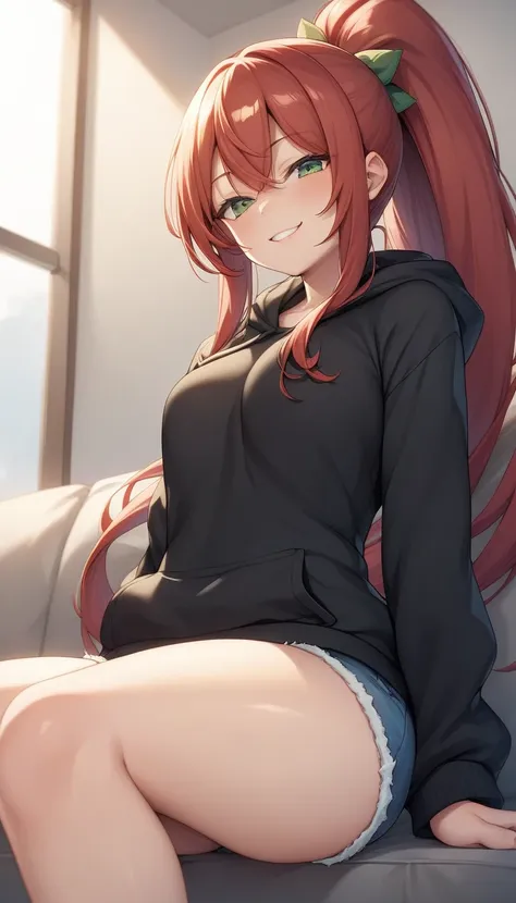 shoot from below, looking at  viewer, there is, Hoodie and shorts, One anime-style woman,  Red Hair, Long Hair, Long Ponytail, Green Eyes、Sitting on the sofa, half-closed eyes, jitome, Best Quality、masterpiece, Mischievous Smile, smug face