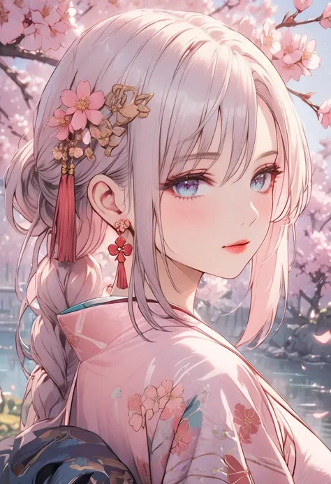 a girl wearing a pastel dress covered in sakura blossom patterns, beautiful detailed eyes, beautiful detailed lips, extremely de...