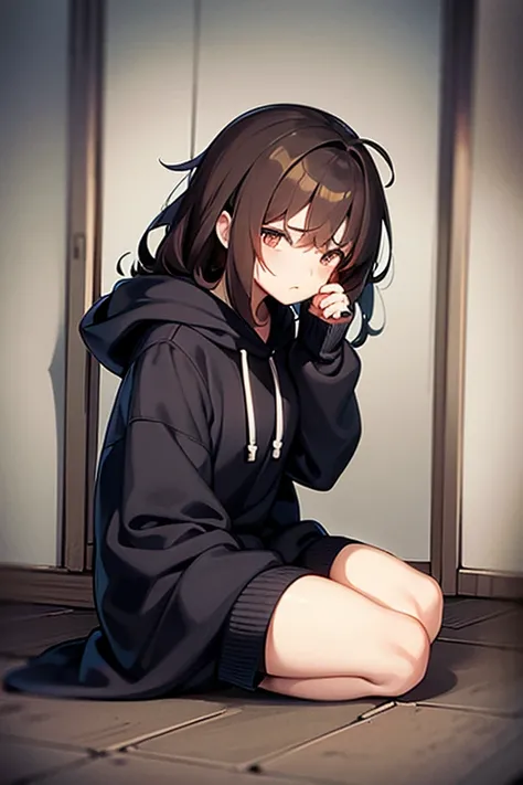 troubled, woman, sad, sitting on the floor, hoodie, hood, cel anime, dark colors, messy hair.darkroom, thinking about, lowered her eyes, beautiful profile,brownhair