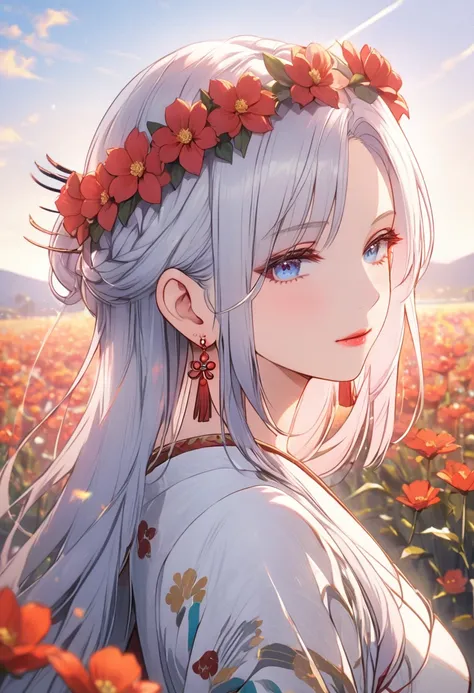 a girl in a bohemian style dress, long flowing maxi dress with floral patterns, beautiful detailed eyes, beautiful detailed lips, flower crown, standing in a field of flowers, golden hour lighting, cinematic composition, dreamlike, ethereal, vibrant colors...