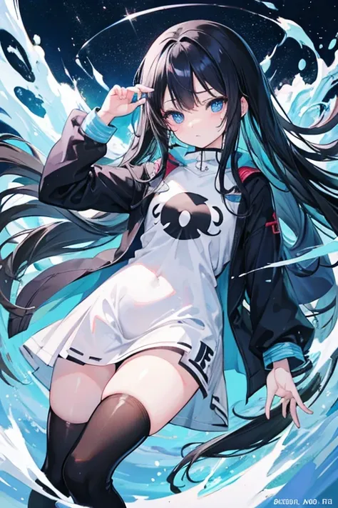 Anime girl, small blue eyes, long black hair, tired, cold, lifeless