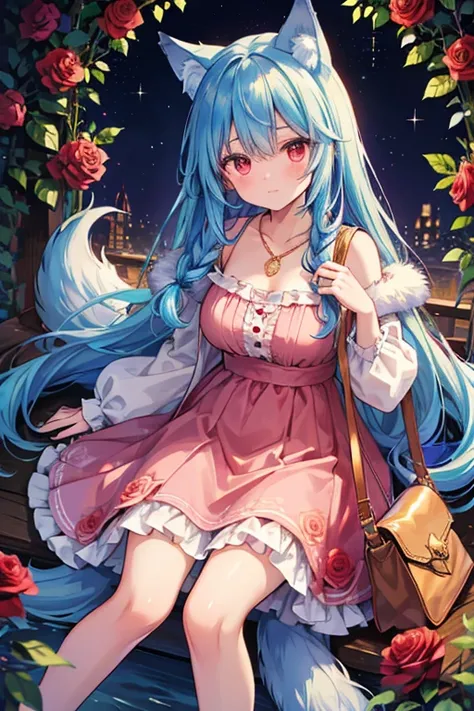 ((masterpiece, best quality)), anime illustration, 1girl, solo, (blue Hair:1.15), braided hair, long hair, (hair between eye), red Eyes, (beautiful detailed face:1.2)， (1animal), ((wolf)), fluffy, big, Tan fur, Jewlry, Amathyst pendant ((Roses ))，knee leng...