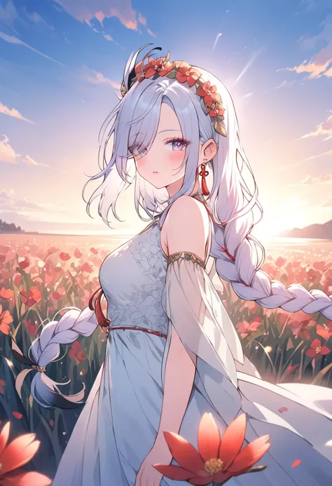 a girl in a bohemian style dress, long flowing maxi dress with floral patterns, beautiful detailed eyes, beautiful detailed lips, flower crown, standing in a field of flowers, golden hour lighting, cinematic composition, dreamlike, ethereal, vibrant colors...